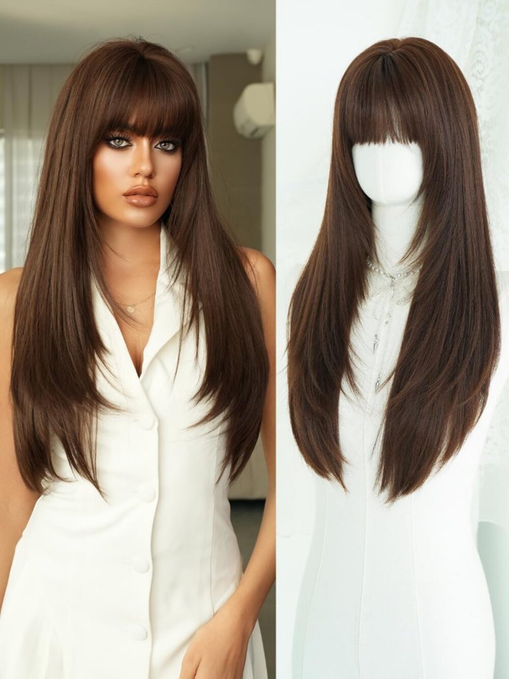 26IN Women's Natural Dark Brown Long Straight Layered Synthetic Wig With Bangs